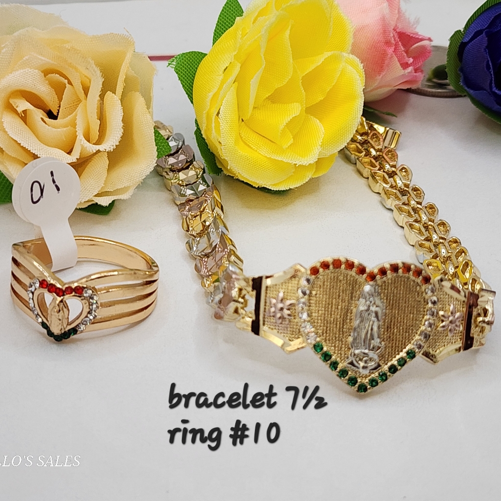 Virgin Mary Hearts Set Bracelet With Ring 3-Colors Stones Gold-Plated 8.9.10